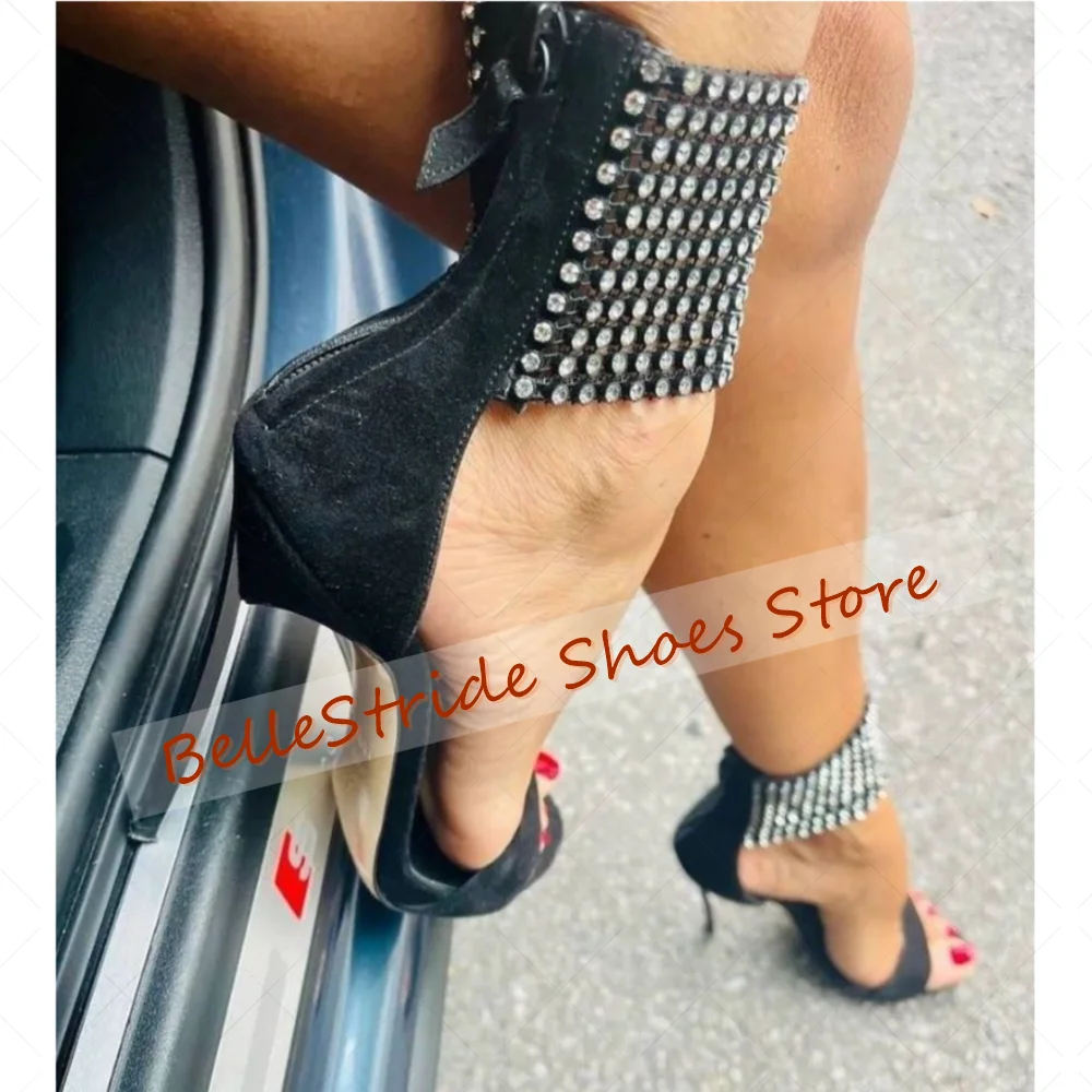 블랙 백 지퍼 크리스탈 샌들 오픈 토 여성 신발 스틸레토 하이힐 파티 연회 데이트 2025 여성용 신발