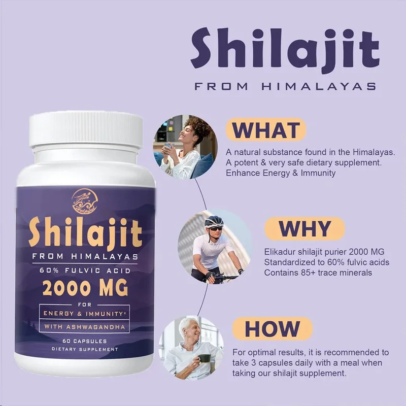 Suplemento Natural Shilajit contém mais de 85 vestígios de minerais e 60% de ácido fulvico, melhorando a energia e a imunidade. 60 cápsulas