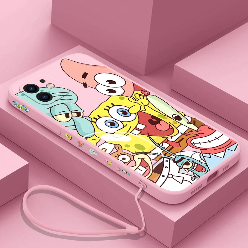 Cartoon SpongeBobs Handyhülle für Samsung Galaxy S24 S23 S22 S21 S20 Ultra Plus FE S10 4G S9 S10E Note 20 10 9 Plus mit Lanyard