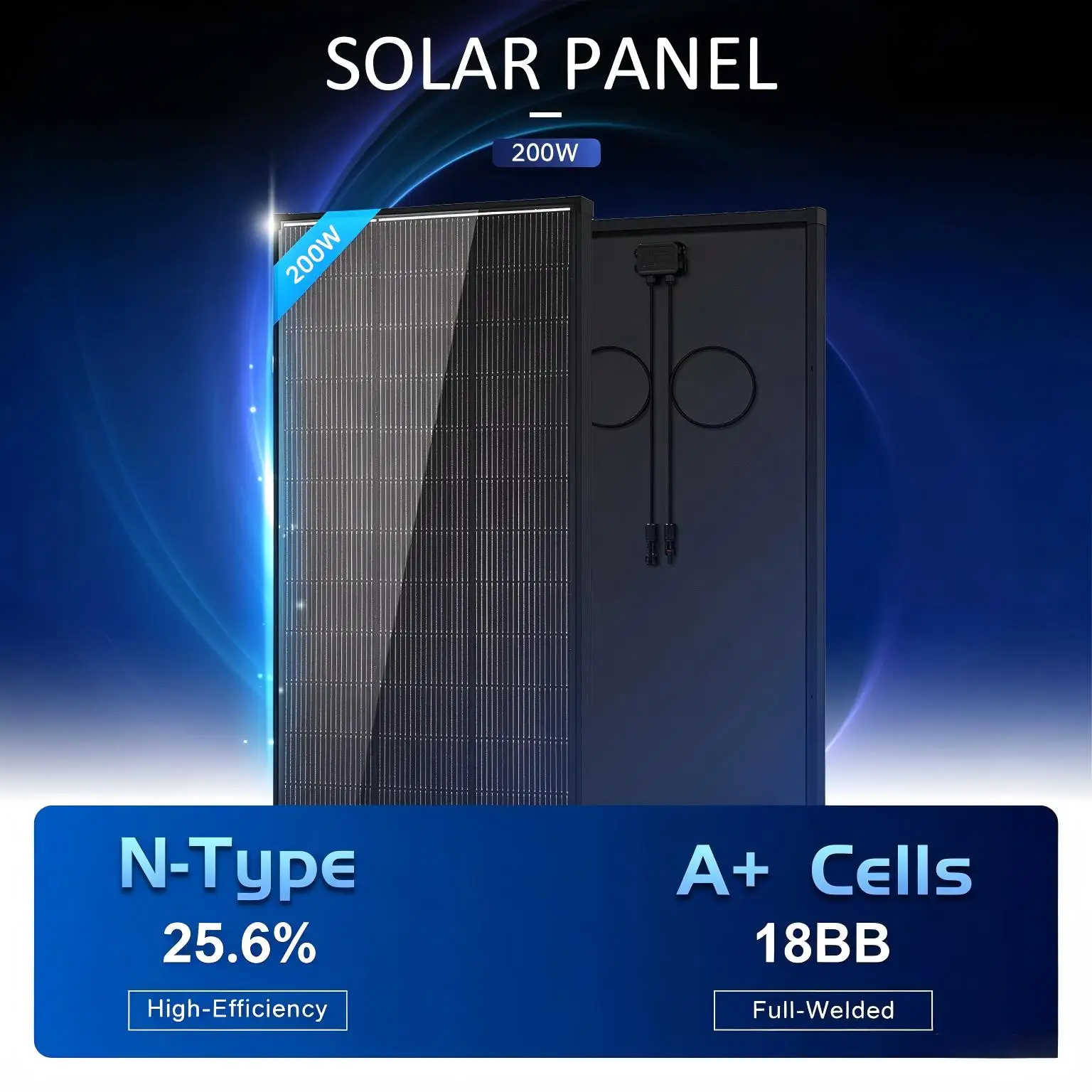 200W 400W All Black N-Type Monocrystalline Solar Panel, A+ Grade 18BB Cells, 25.6% High Efficiency, IP68 Waterproof PV Module for Off-Grid Home RV Boat Solar System
