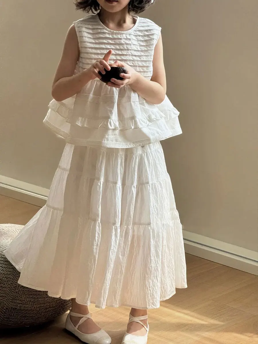女の子の夏服セット ベストとスカート ホワイト おとぎ話 ショートスカート 子供服 カジュアルスタイル キッズと幼児向け