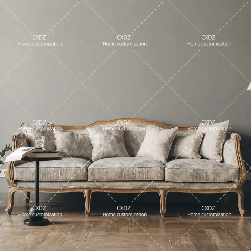 Retro Carved Solid Wood Sofa Fabric Upholstered Antique Style Living Room Furniture Double Three Seater Customizable