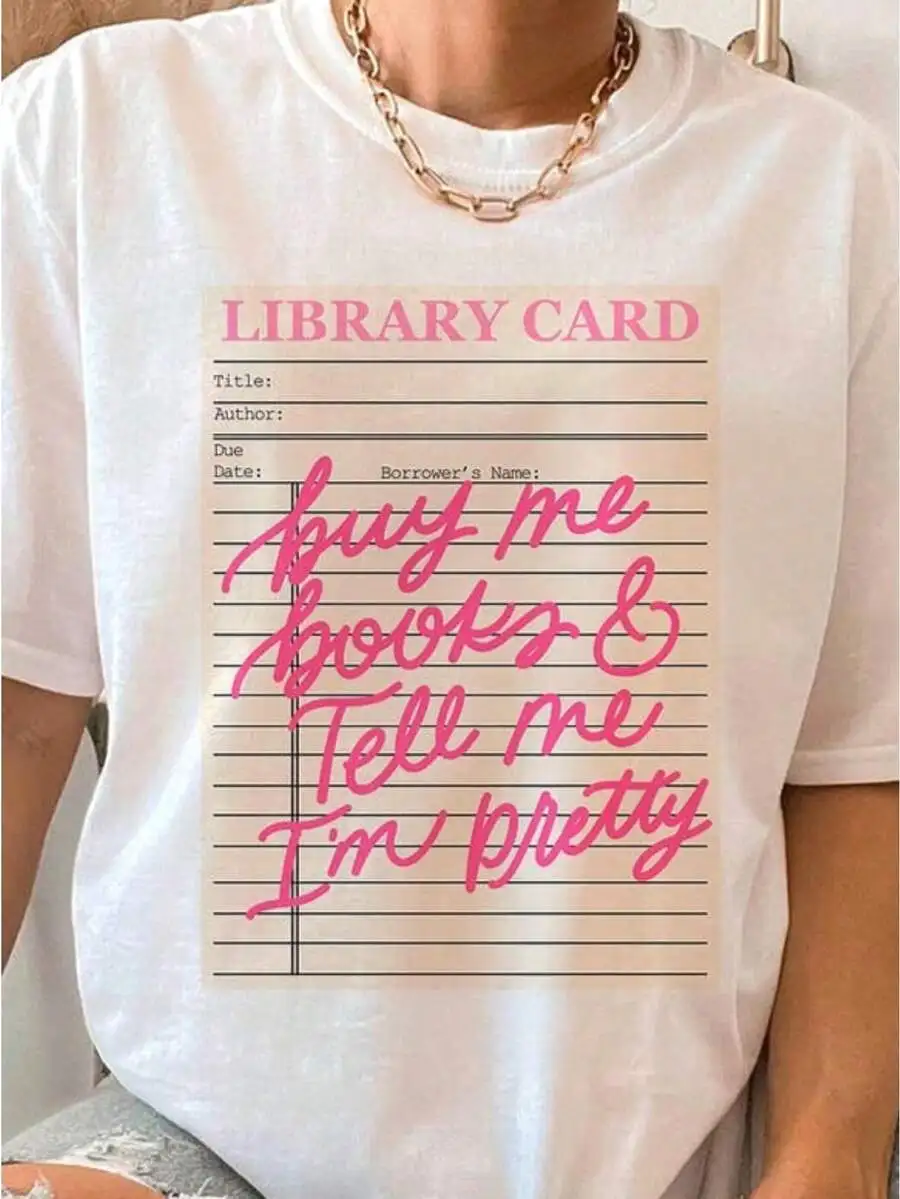 2026 New Arrival Women's Library Card Funny Print T-Shirt, Pink Lettering 