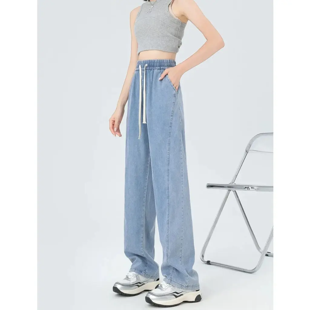 

Джинсы из ледяного шелка для женщин, прямые брюки-бананы с высокой талией, утягивающие широкие брюки, весна-лето, мода