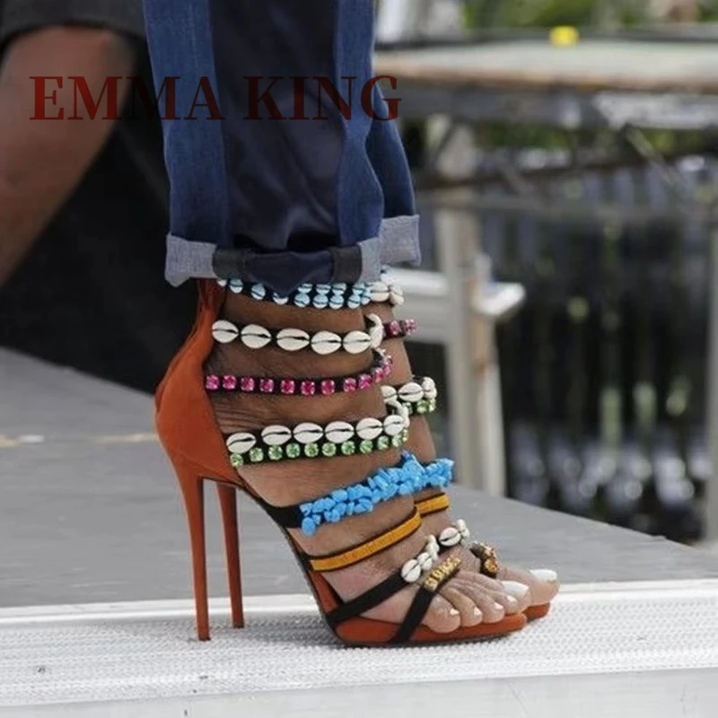 قذيفة كريستال ديكور خنجر الصنادل الصيف النساء فو الجلد المدبوغ صنادل طراز جلاديتور موضة حجر الراين فستان الحفلات أحذية 44 #2