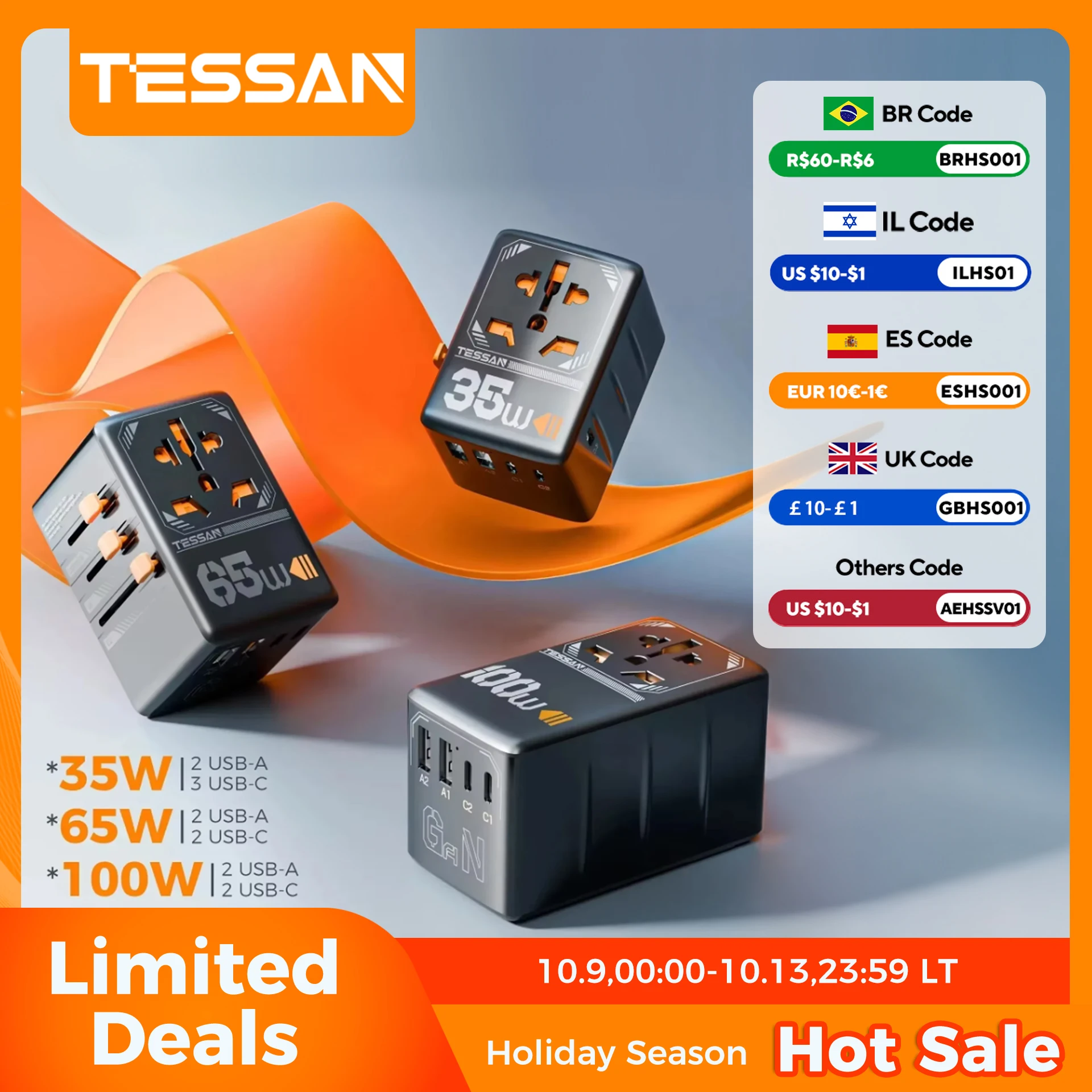 TESSAN 100W GaN uniwersalny adapter podróżny z USB i typ C szybkie ładowanie międzynarodowy adapter wtyczki wtyczka EU/UK/USA/AUS do podróży