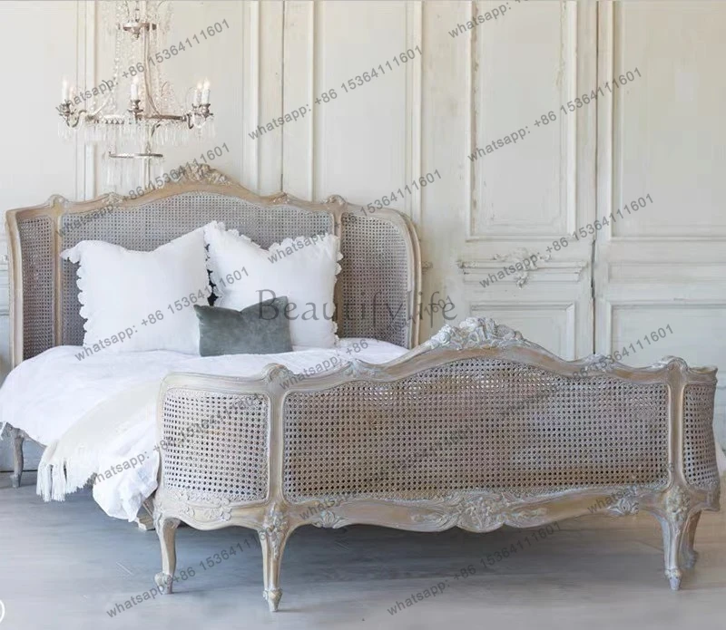 American country solid wood rattan 1.8M large bed vintage rattan bed old carving