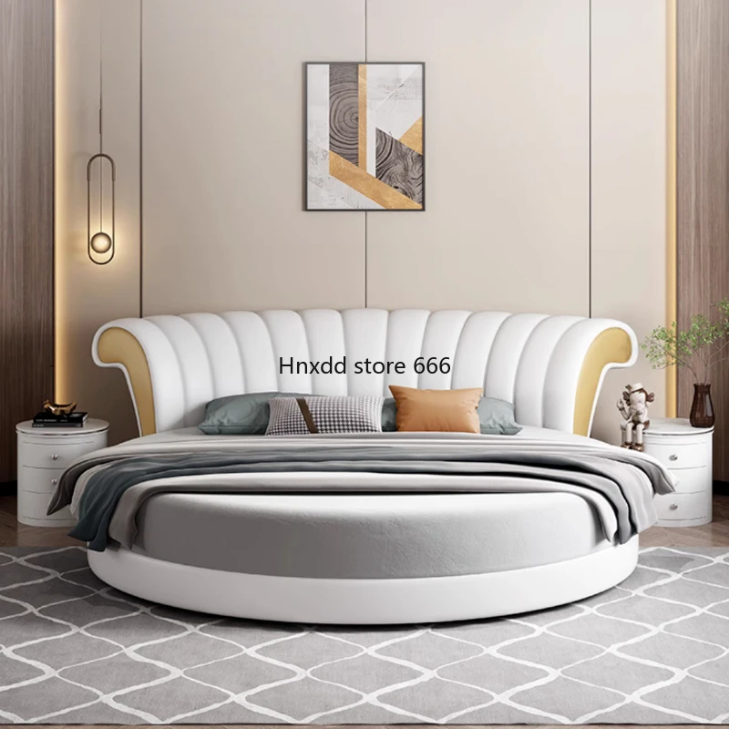 Princess King Size Bed Elegant Frame Round Light Luxury Leather Bed Comferter Villa Camas Queen Bedroom Furniture Set