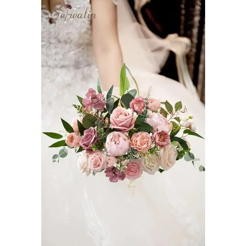 2 قطعة الزهور الاصطناعية الوردي كعكة الزفاف الزهور ، وهمية الورود المغبرة الفاوانيا لباقات الجدول المركزية ديكور منزلي للزفاف ، #3