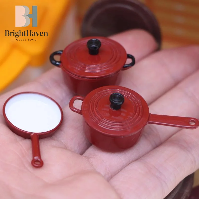 3Pcs Miniature Cookware Cooking Set Dollhouse Accessories 1:12 Alloy Enamel Pots And Pans Mini Cooking Play Kit For Game B.H