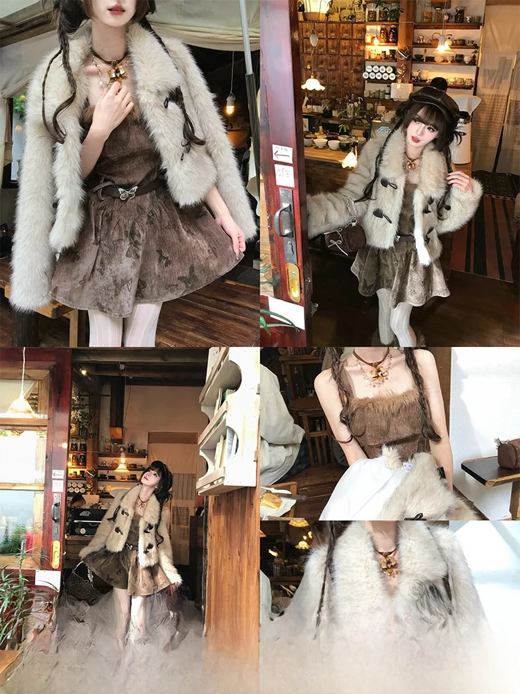 レトロベルベットバタフライアンバーグリマーブラウンストラップドレス-レディース冬用イブニングショートスカート-ヴィンテージスタイルギャザーウエストドレス