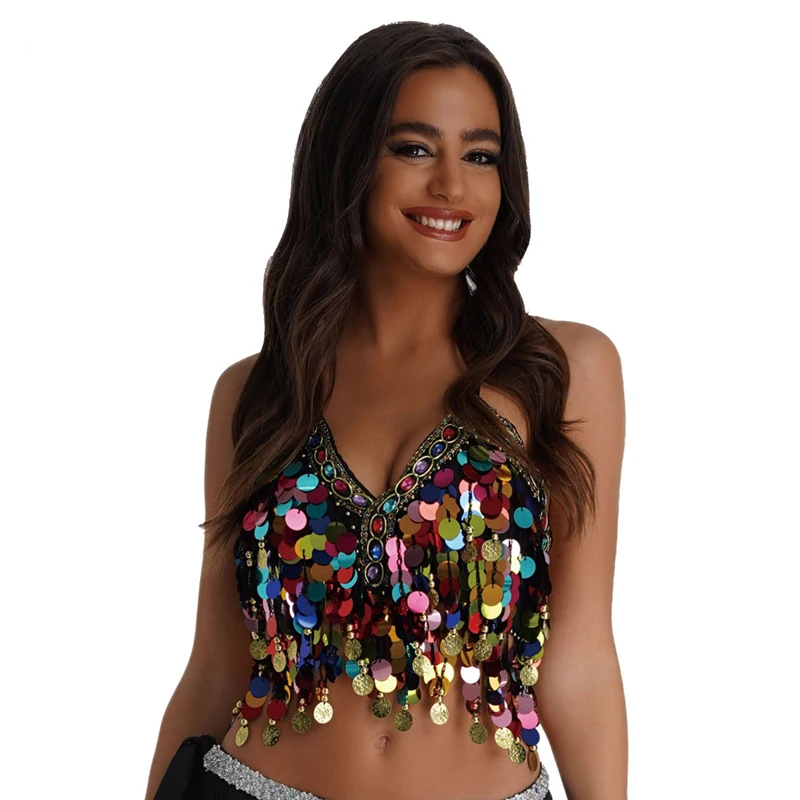 Belly Dance Sequins Bra Top Coin Decor Tops Halter Neck Tank Vest For Women Tassel Stage Performance Lady Shiny Tops Accessories