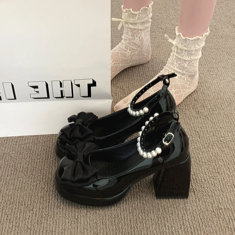 Patent Leather Platform Women Mary Jane Shoes Bow Pearl Ankle Strap Chunky Heel Shoes Comfort Wedding Daily Party Dress Footwear view 5