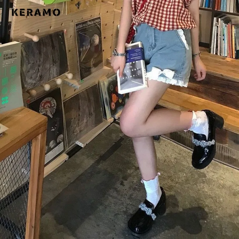 Dames Kant Hotsweet Hoge Taille 2000S Strik Blauwe Denim Short Casual Sexy Slim Fit Y2 K Street Harajuku Stijl Schede Shorts