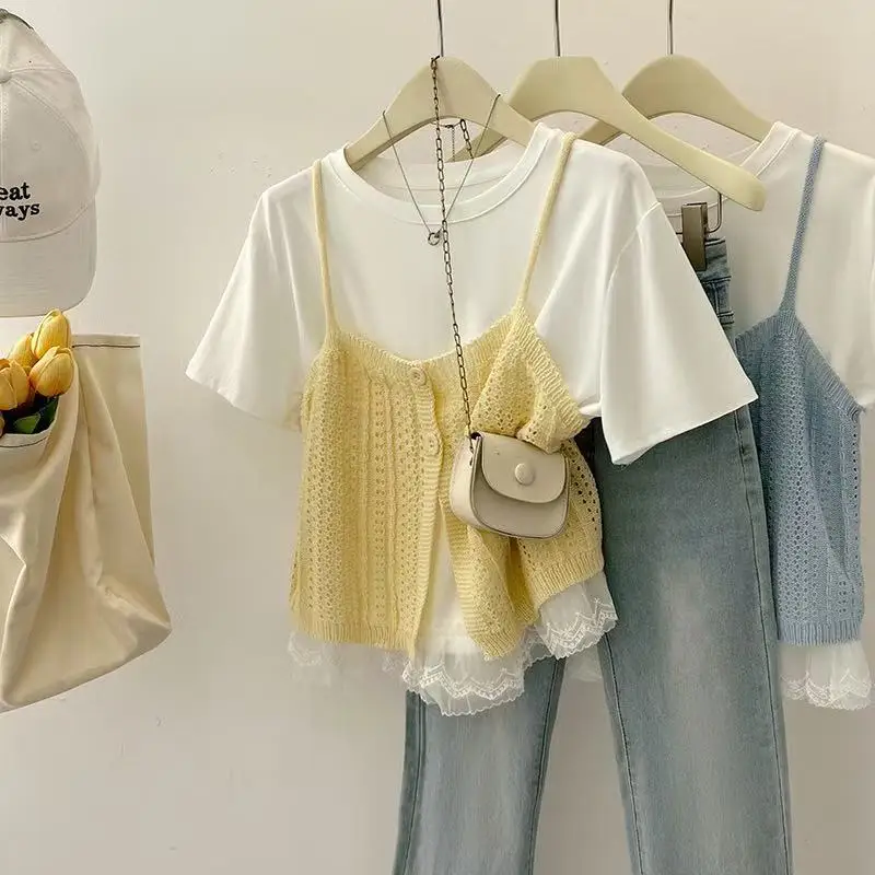 2025 Summer Lace Splice ort Sve Knitted Vest Women's Top Set ort Strap Vest Faionable Layering T-irt Two-Piece Set