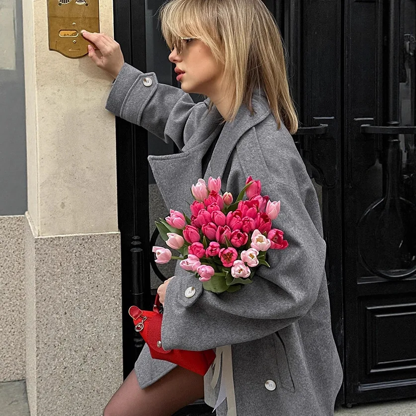 Casual Faionable Woolen Suit Jaet for Women Mid-Length Versatile Autumn Winter New Sle Commute Straight Tube Polyester