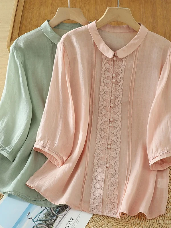 

Художественная вышитая хлопково-льняная блузка с коротким рукавом для женщин, летняя, модная, приятная для кожи, дышащая, из полиэфирного волокна