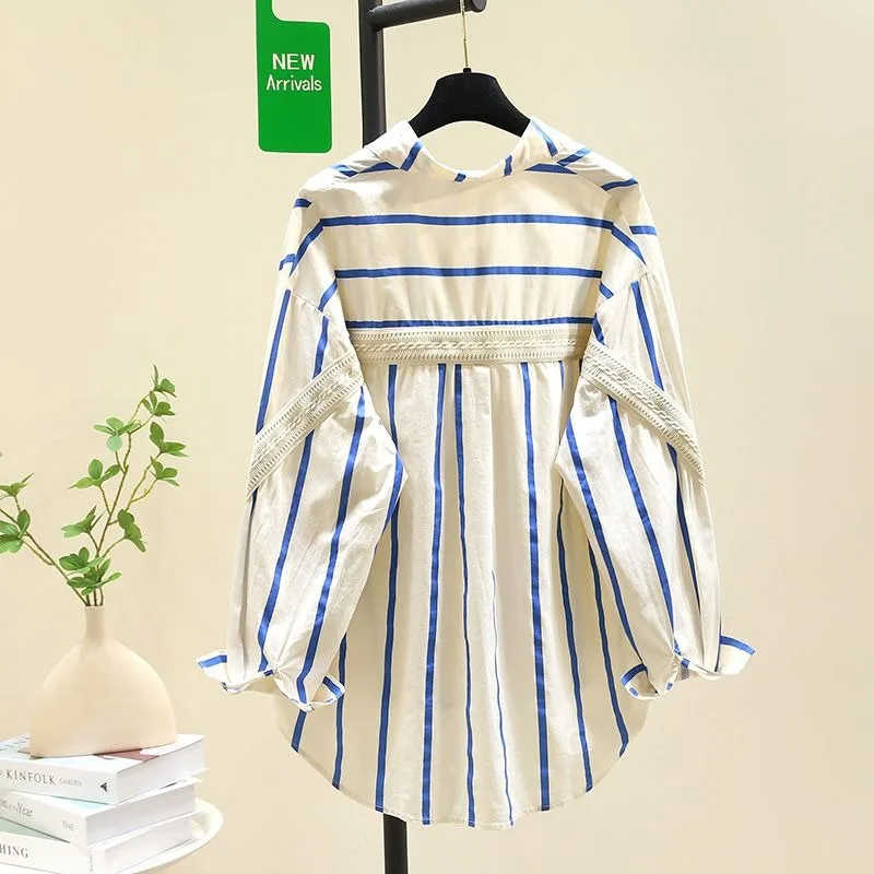 Women's Clothing Long Sleeves Stripes Thin Shirt Patchwork Blouses Fashion Casual Loose Cardigan Shirt Trench Coat for Women