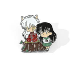 Anime Inuyasha Kagome and Shippo Sitting on Stump Brooch Cartoon Character Enamel Pin Couples Badge Jewelry Accessory for Fans