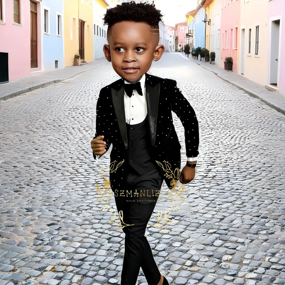 Beaded Black Velvet Boys Suit Wedding Tuxedos Jacket Pant Vest 3 Pieces Set Kids Fashion Blazer Formal Party Dress