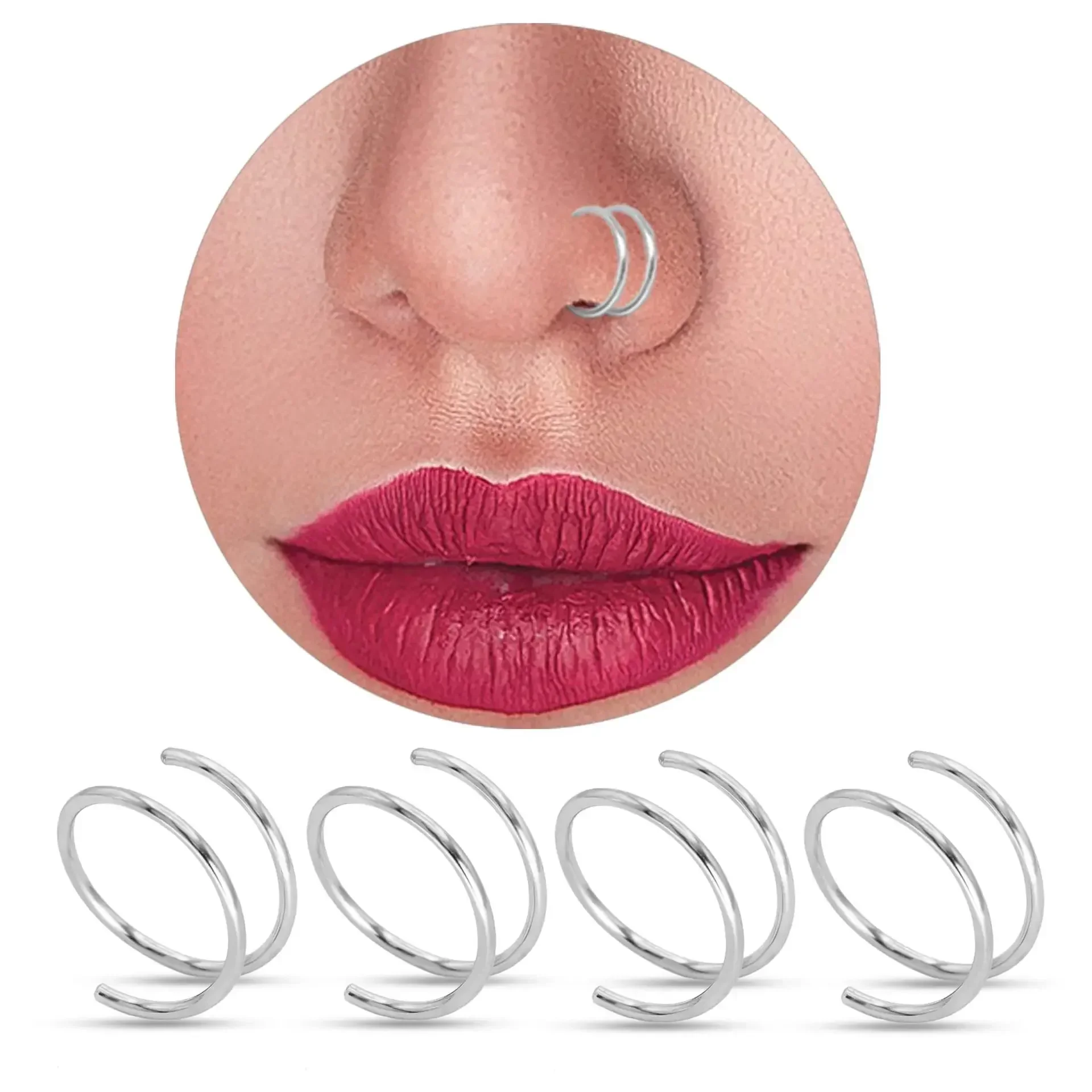 S925 Sterling Silver Double Nose Ring para Mulheres, Piercing Espiral do Septo, Cartilagem Hoop Earrings, Tragus Helix, Nostril Jóias, 1cs