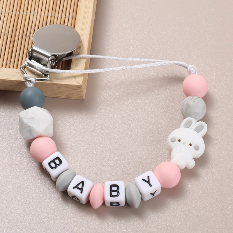 Nieuwe Gepersonaliseerde Engelse Letters Naam Baby Konijn Siliconen Hanger Fopspeen Clips Kettingen Dummy Houder Bijtring Baby Shower Cadeau