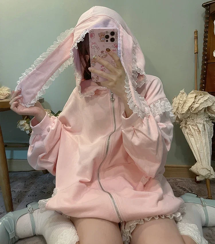 Girl Sweet Cute Rabbit Ears Hooded Lace Pink Kawaii Student Hoodies Women College Autumn New Fashion Loose Large Size Cardigan