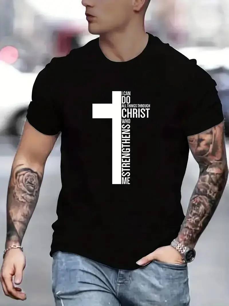 2025 new model Fashion Cross Print Men's Creative Top Casual Micro Elastic Short Sleeve Crew Neck T-Shirt Outor Sports Men's Cot