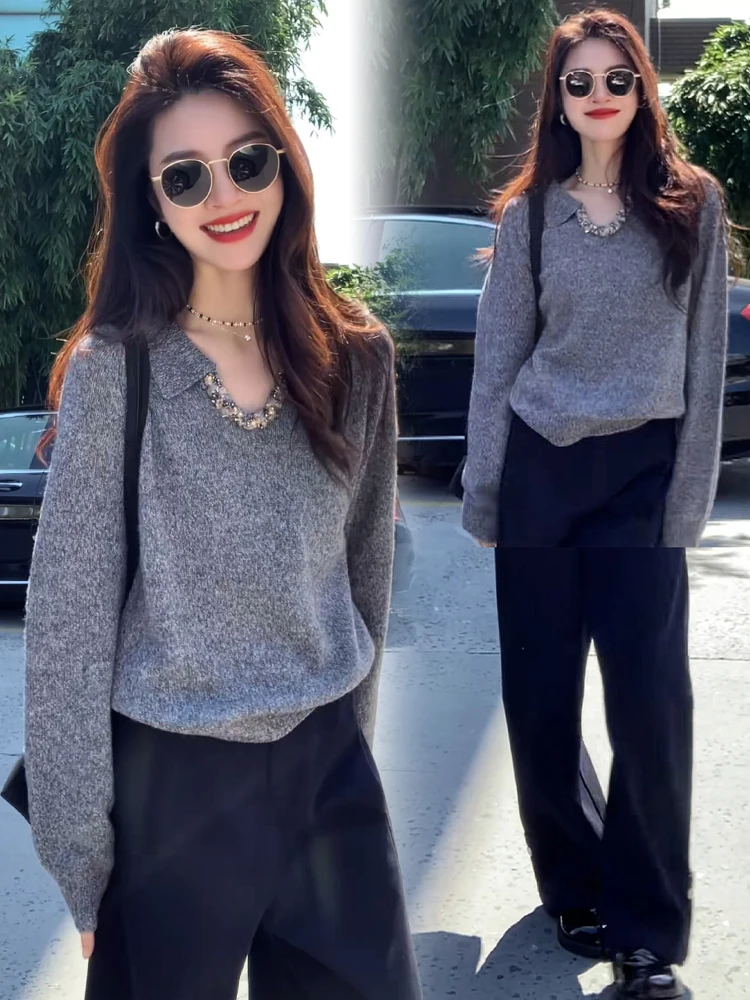 Luźny sweter damski, modny styl chinoiserie, swobodny strój codzienny, średnio gruby, dekolt w serek, długi rękaw, oddychający, wygodny.