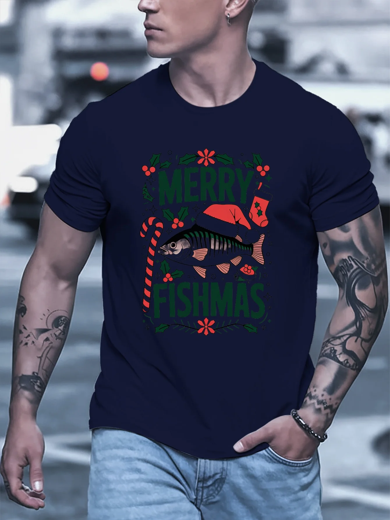 [Kaus Kru Kasual Merry Fishmas] Kaus Grafis Selamat Natal Pria, Kaus Poliester Leher Kru Kasual
