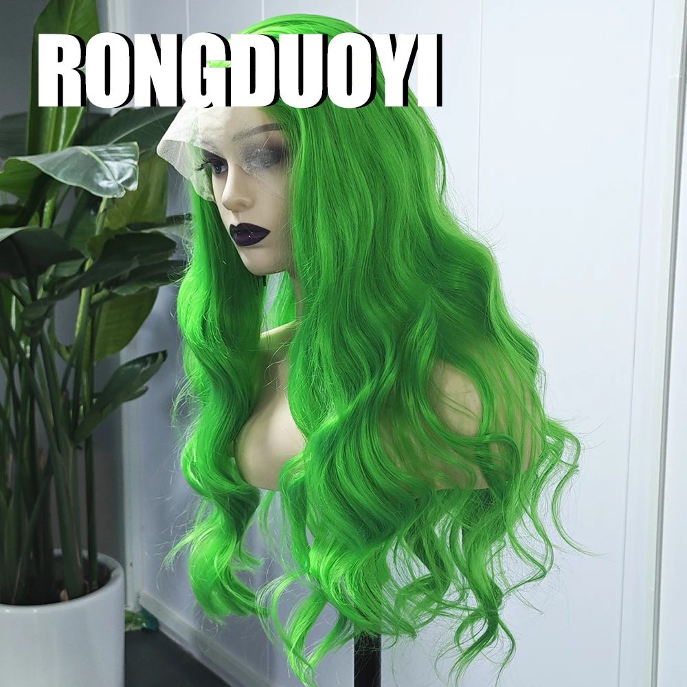 RONGDUOYI Green Cosplay Wig Body Wave Lace Front Wigs Free Part Green Hair for Women Natural Hairline Makeup Use Long Wave Wigs