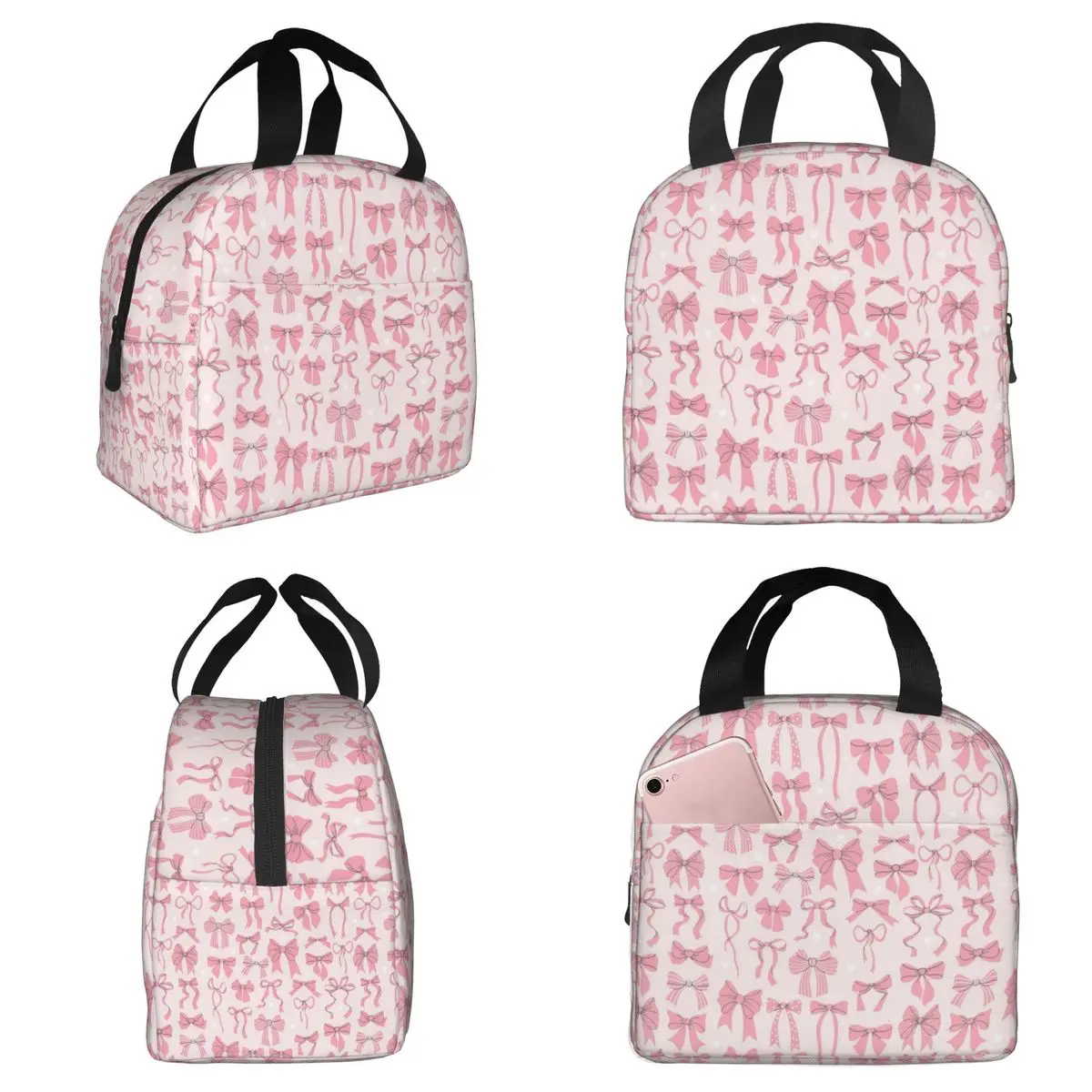 

Разноцветная термосумка для обедов с розовыми бантиками для женщин, офисная термосумка-холодильник для еды, портативный контейнер для ланчей