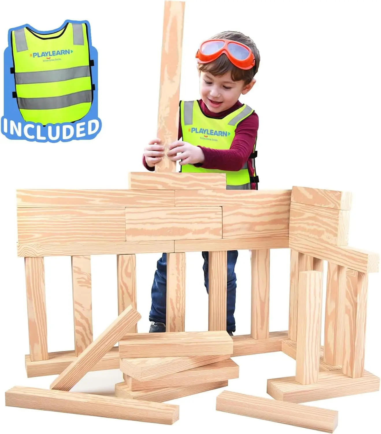 

24pc Foam Wooden Beams for Kids- Children’s Reflective Vest and Storage Bag Included - Actual Beam Size Lightweight, Soft Buildi