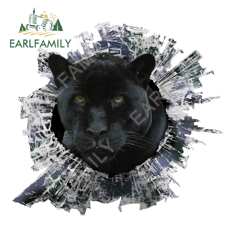 EARLFAMILY 13cm X 11.9cm Broken Glass Animal Black Panther Car Decal 3D Big Cats Car Sticker Rear Windshield Crack Stickers