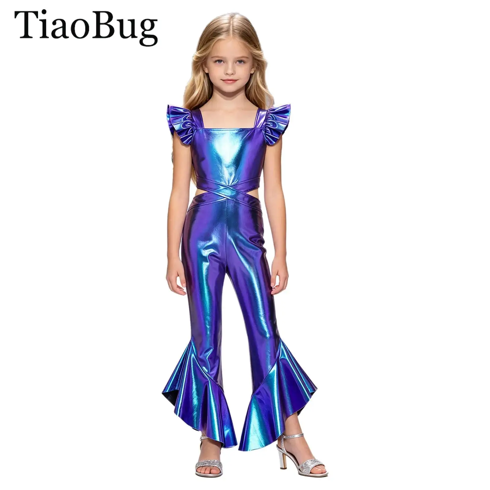 Kid Girls Shiny 70s Disco Hippie Costume Latin Jazz Dance Jumpsuit Fly Sleeve Ruffled Bell Bottoms Pants Metallic Flared Rompers