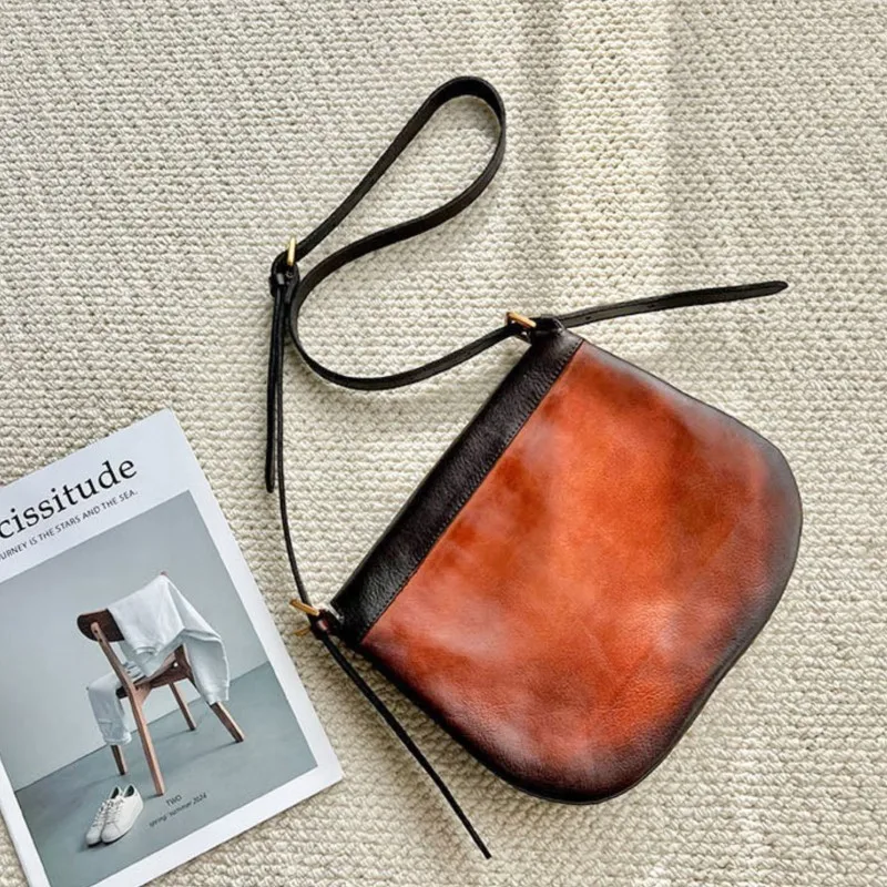 Johnature Natural Soft Cowhide Women\'s Saddle Bag 2026 New Retro Handmade Genuine Leather Solid Color Shoulder & Crossbody Bags