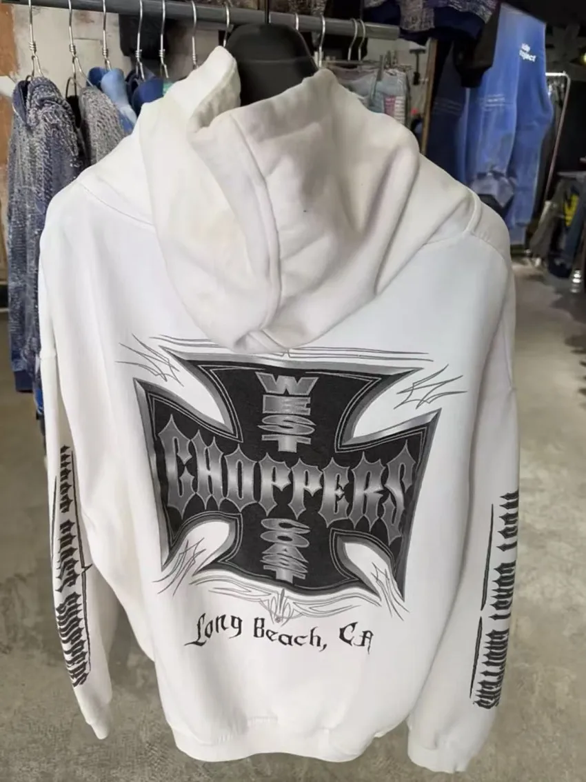 

Осень-зима западного побережья чопперы с перекрестным принтом толстовка с капюшоном для мужчин и женщин винтажные поврежденные пальто с дырками белый свободный хлопковый пуловер