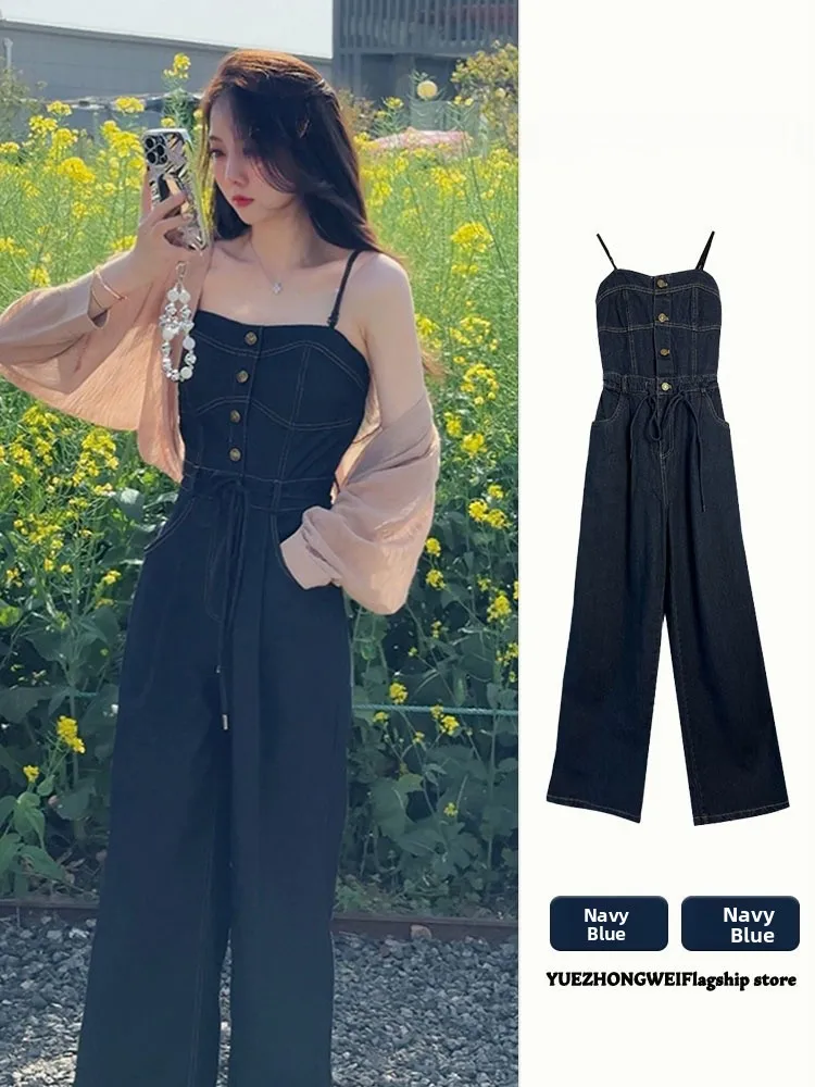 

Джинсовый комбинезон с высокой талией и широкими штанинами, женские летние утягивающие брюки, удобный дышащий комбинезон