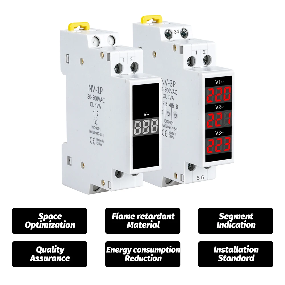 18mm Din Rail AC Voltage Meter 80-500V 220V 380V Single Three Phase Modular Voltmeter Ammeter LED Indicator Digital Volt Tester