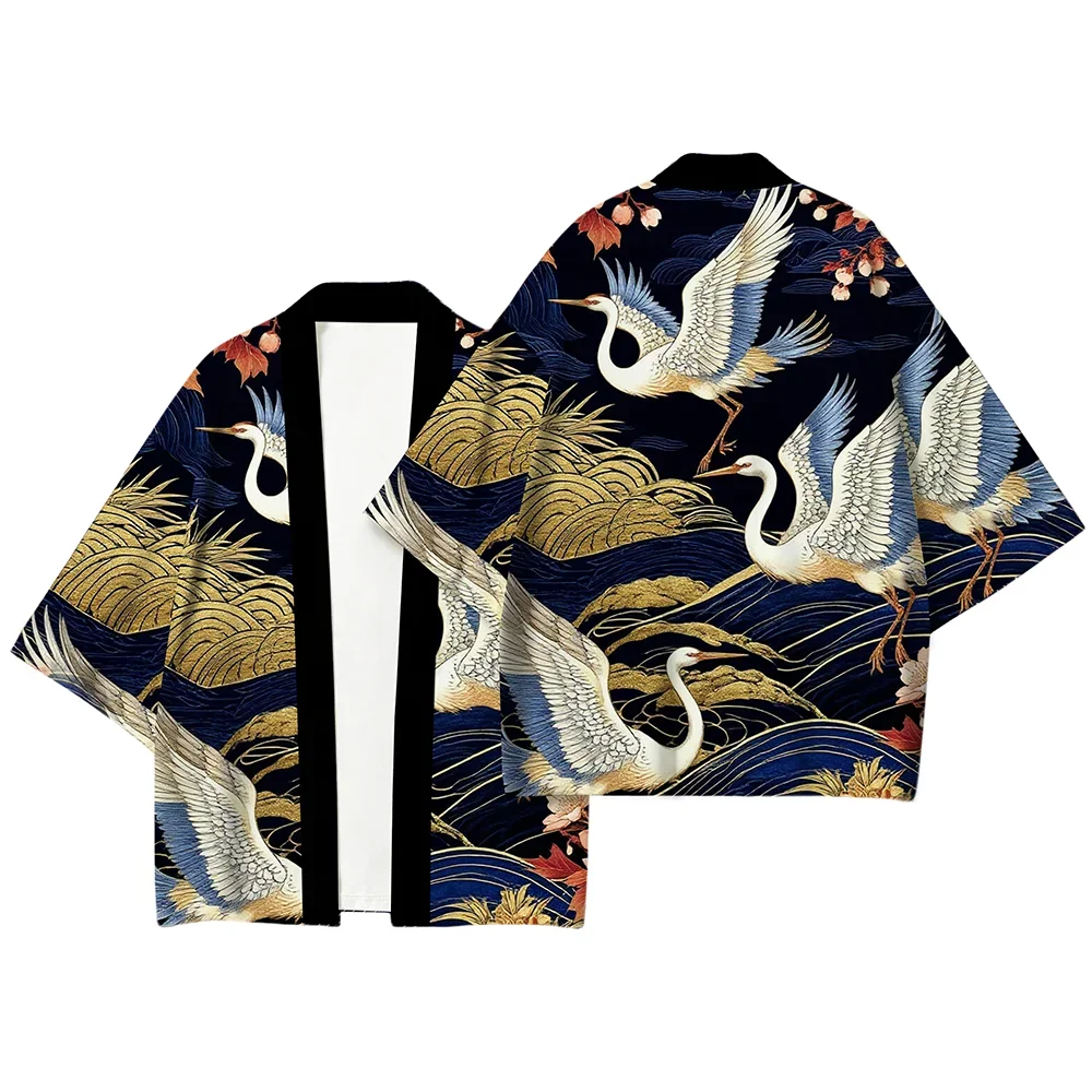 Men Crane Shirt Short Sleeve Japanese Wave Gold Sun Casual Comfortable 3D Printed Novelty Trendy Cool Fashion New Stylish Haori