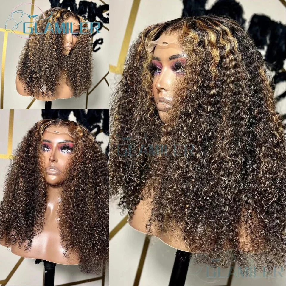 

Kinky Curly Highlight Wig Human Hair Honey Blonde 13x4 Silk Top Lace Frontal Wig Colored 5x5 Silk Base Human Hair Wigs on Sale