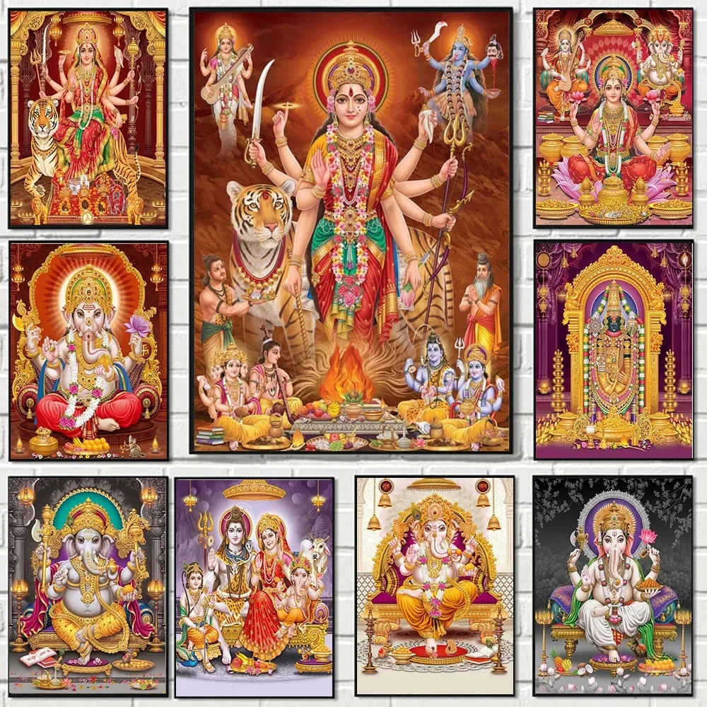 Elephant God India Religion Hindu Gold Ganesha Temple Painting Canvas Hinduism Poster Print Art Mural Living Room Decor Pictures