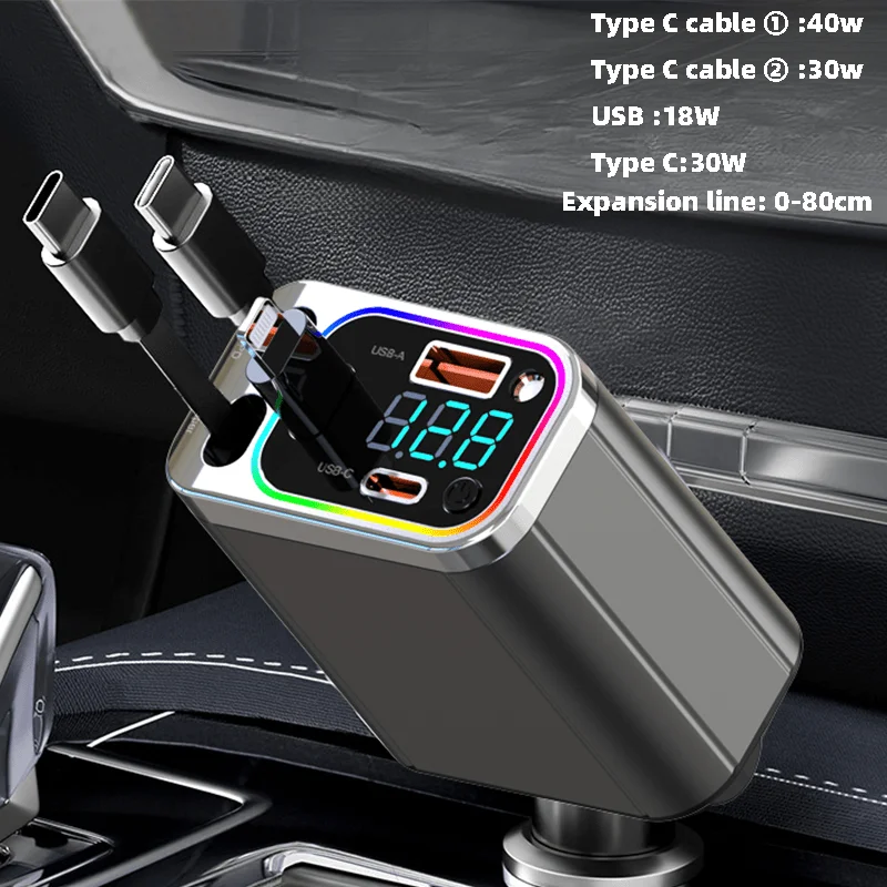 Car Charger with Built-in Retractable Cable Type C L Fast Charging Starry Sky Top Ambient Light for iPhone and Android
