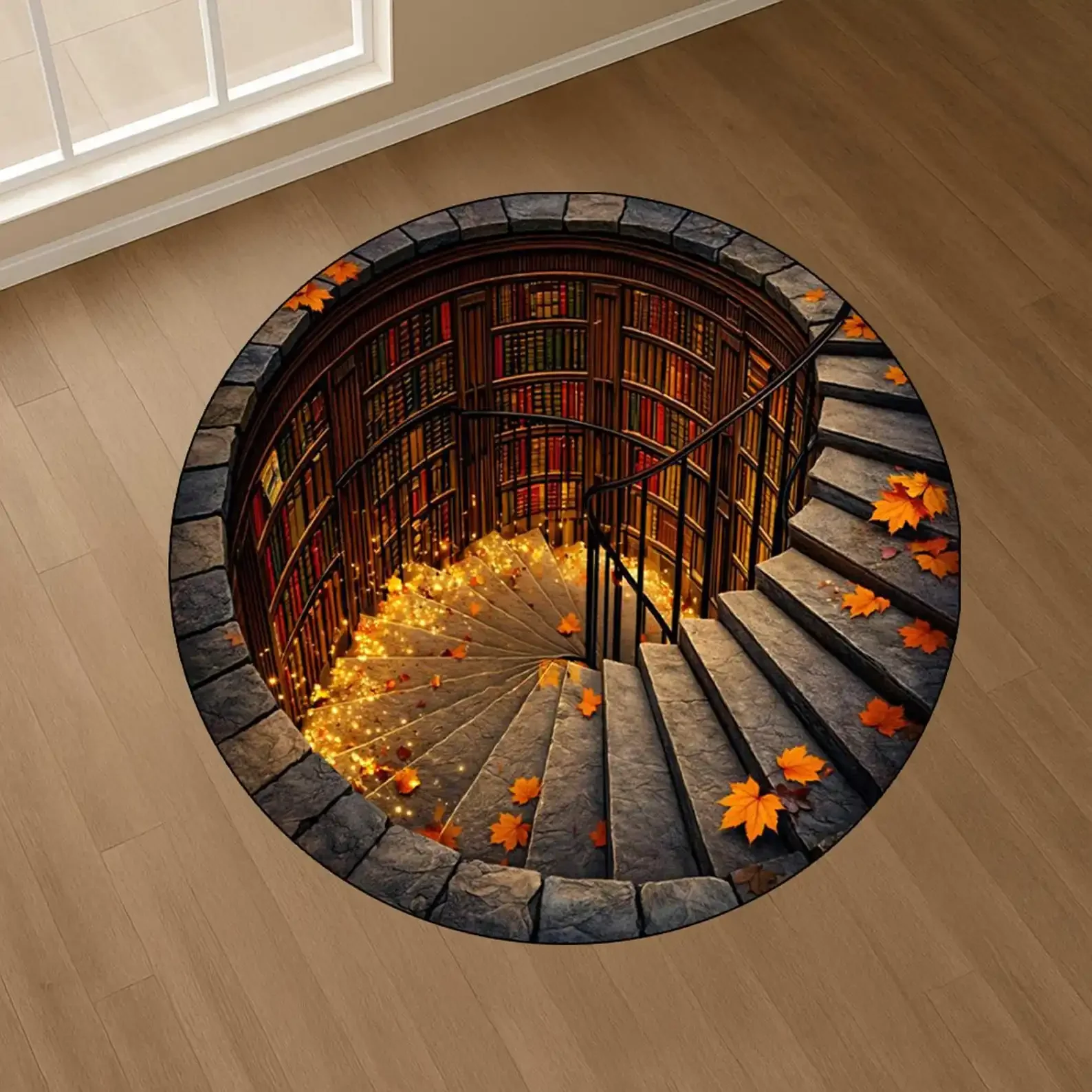 2D Illusion Round Area Rug Bookcase Deep Hole Printed Circular Carpets Non Slip Washable Creative Library Sofa Decor Mat