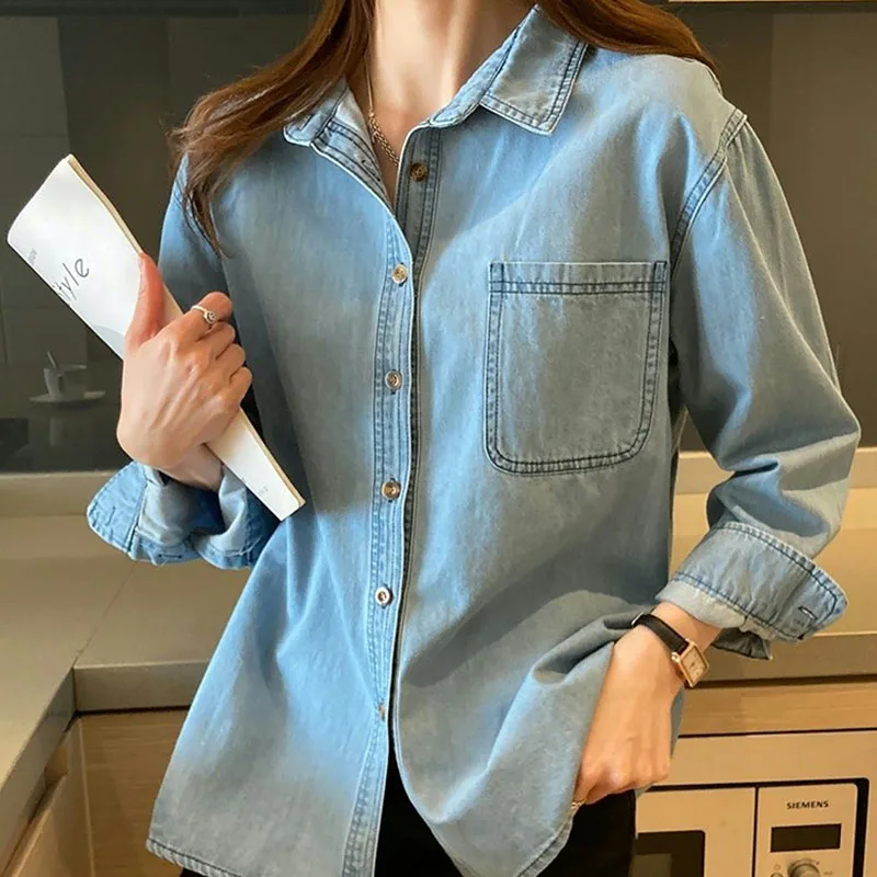 

Французская простая женская джинсовая рубашка, весенне-осенняя модная однобортная блузка с лацканами, повседневные свободные универсальные рубашки для поездок на работу