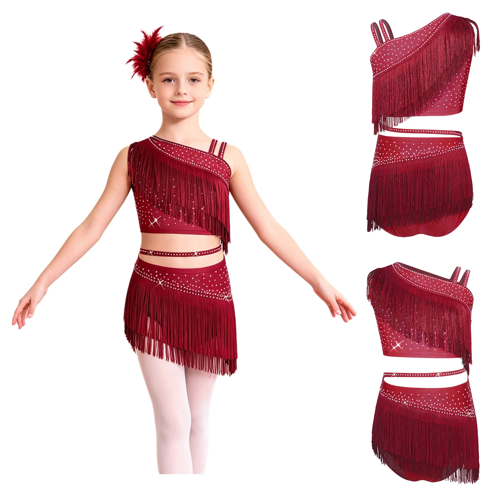 Girls Latin Jazz Dance Outfit Crop Top with Culottes Shiny Rhinestone Tassel Ballroom Cha-cha Tango Samba Rumba Salsa Clothes
