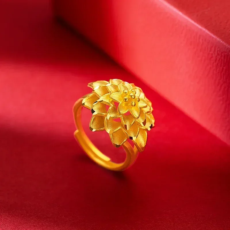 

9999 Real Gold 24K Ethnic Style Retro Big Flower Ring Women's Wedding Thorn Flower Big Flower Live Ring