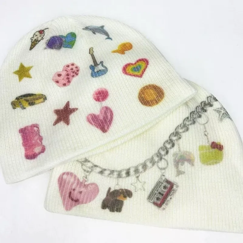 Japanese Subculture Cute Design Knitted Hats Autumn Winter New Kawaii Graffiti Printed Hat Lady Street Sweet Knitted Hat