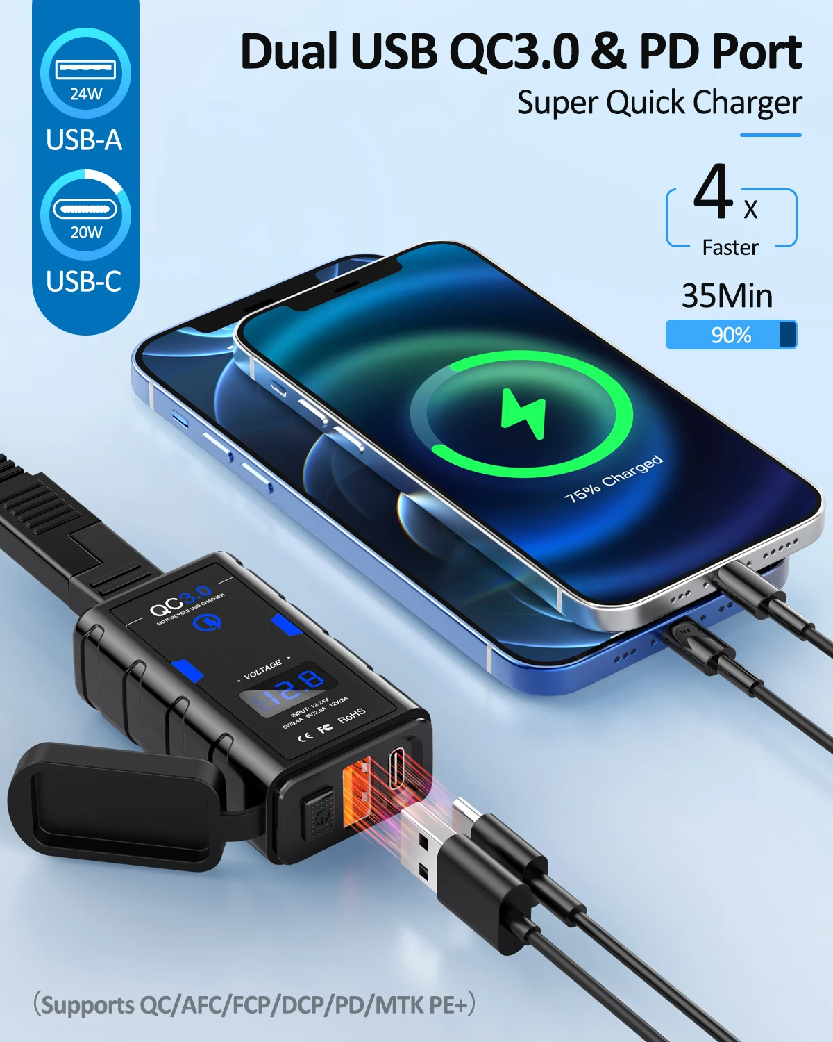 Powstation Waterproof Motorcycle Phone Charger QC3.0 USB + Type C 6.4A Charger With Cord Voltmeter Moto Power Supply Socket