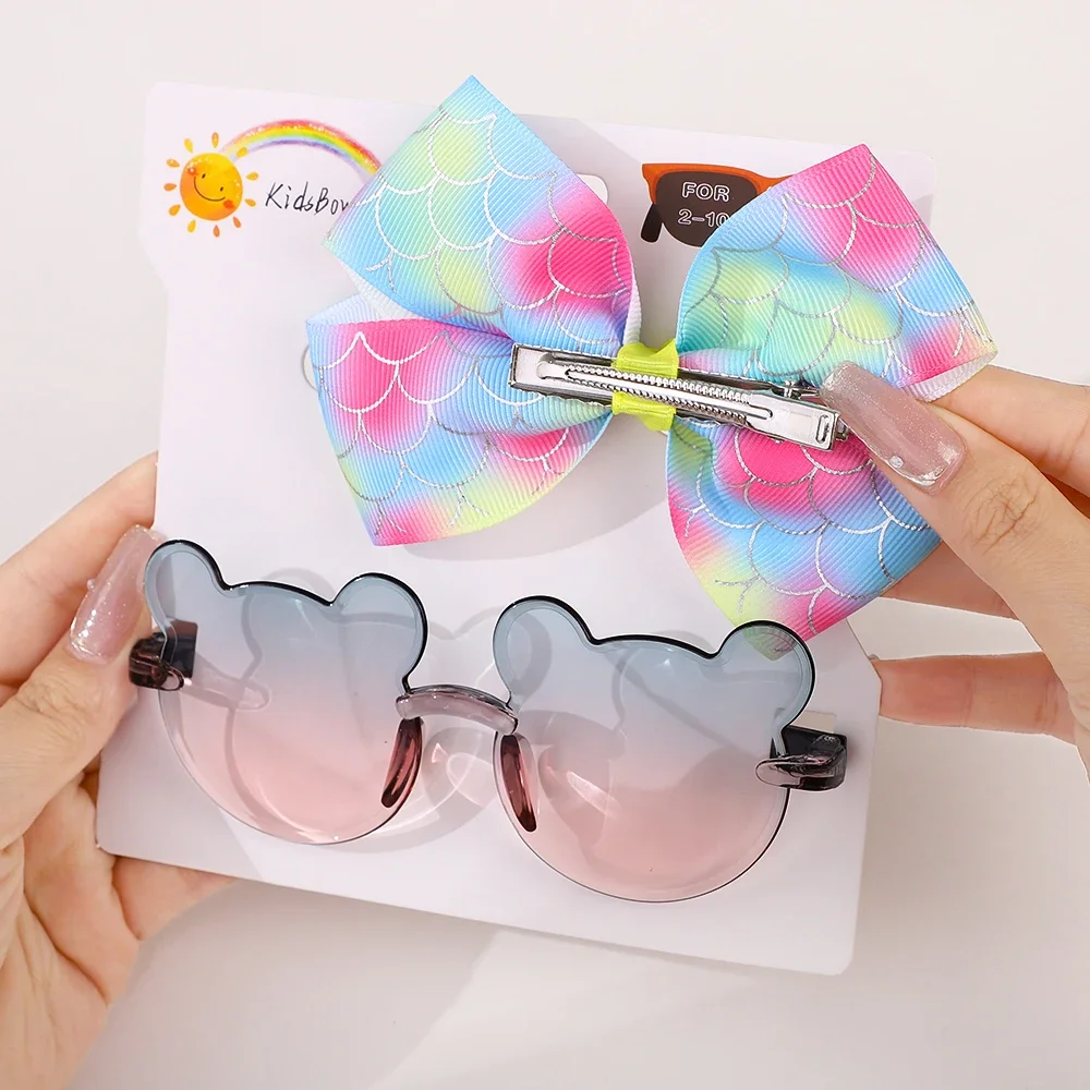 2Pcs/Set Lovely Bowknot Hairclip Glasses Set Cute Big Bow Hairgripes for Kids Fashion Hair Band Little Bear Glasses Gift